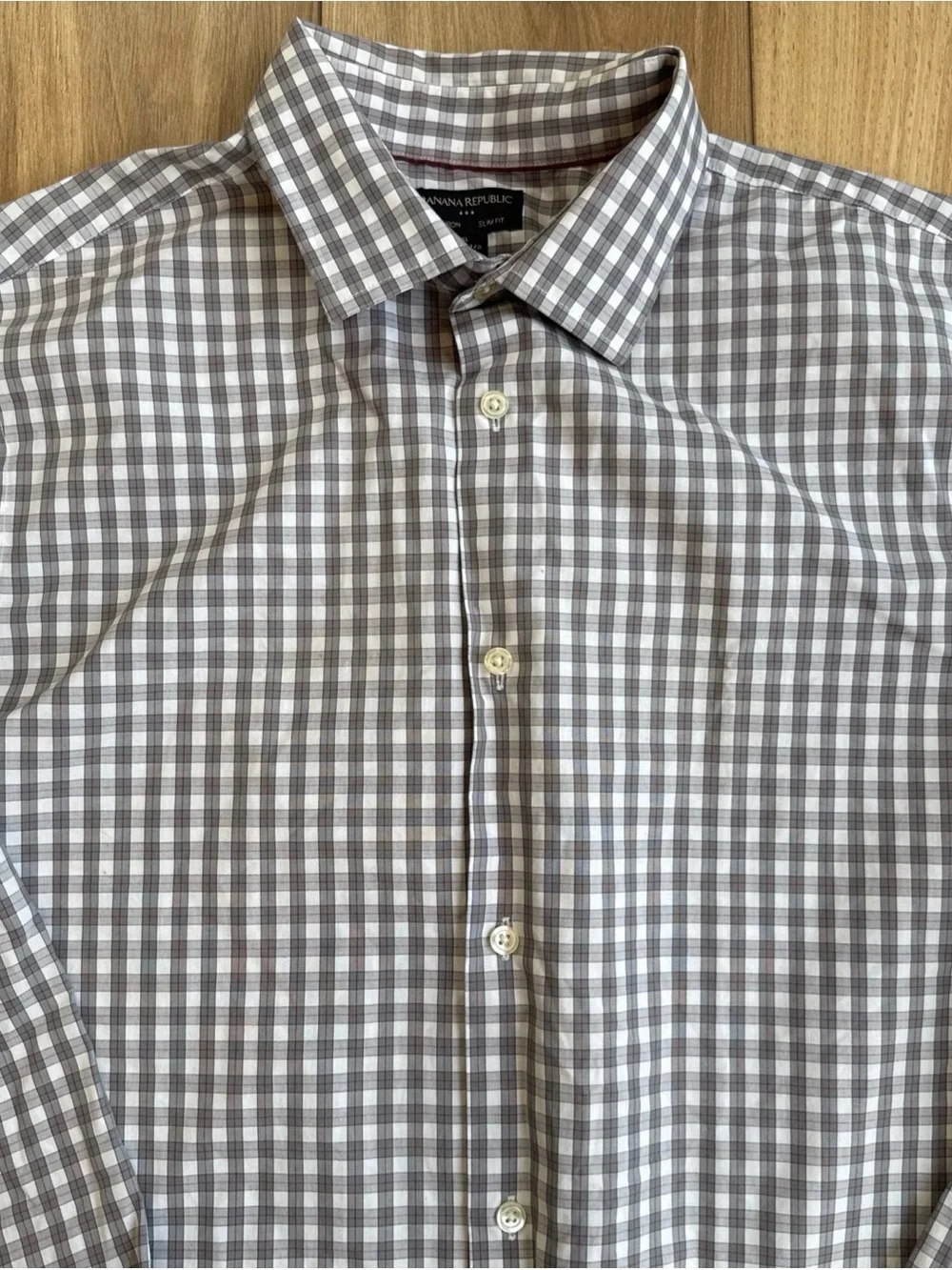 Banana Republic Non Iron Slim Fit Shirt Mens Size XL 17-17 1/2  Grey White Plaid